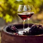 Two Glasses Of Red Wine On A Wooden Barrel In The Vineyard